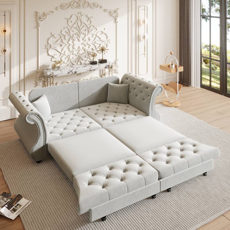 83.8" Chesterfield Velvet Pull-Out Sofa Bed, Classic Roll Arm Sleeper Couch with Elegant Flower Tufting