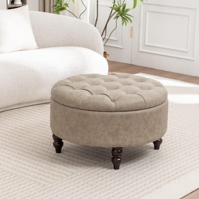 SEYNAR 29.5''Modern PU Leather Round Storage Ottoman with Wood Legs