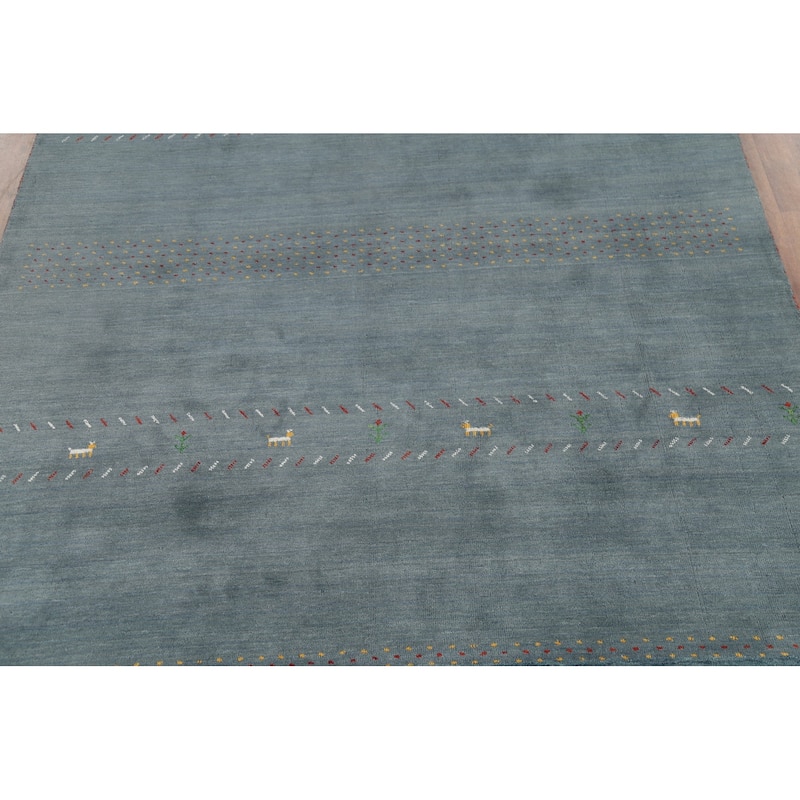 Blue Gray Gabbeh Indian Area Rug Hand-Knotted Wool Carpet - 6'8"x 9'8"