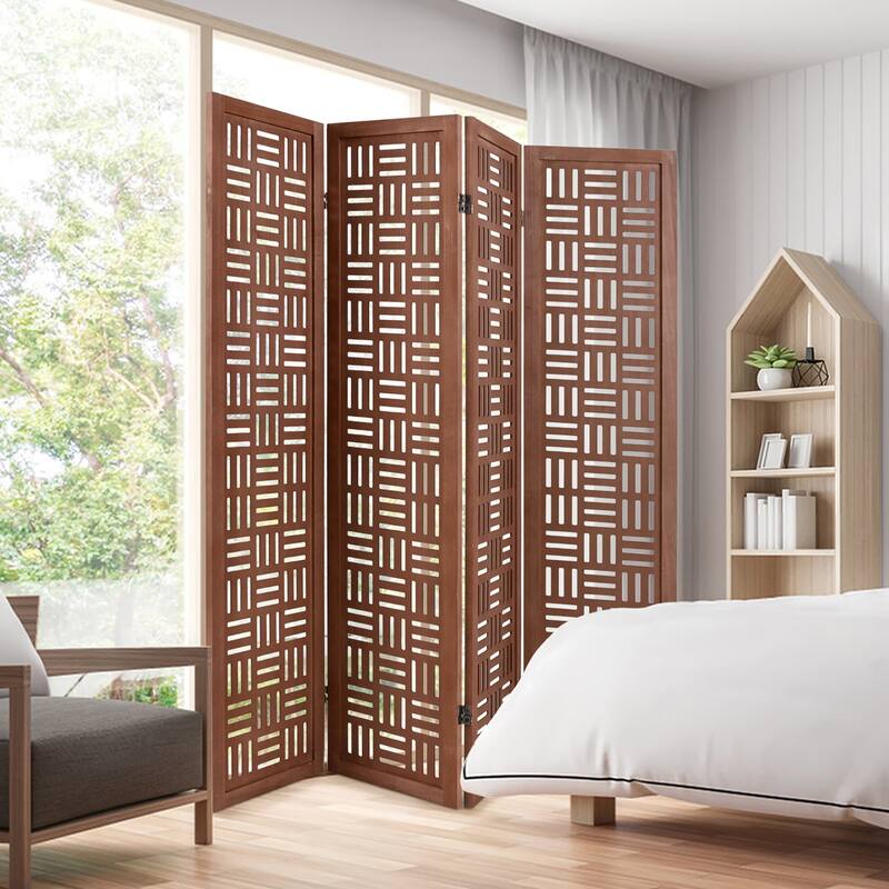 Gymax 4-Panel Room Divider w/ Double Action Metal Hinges Solid Wood
