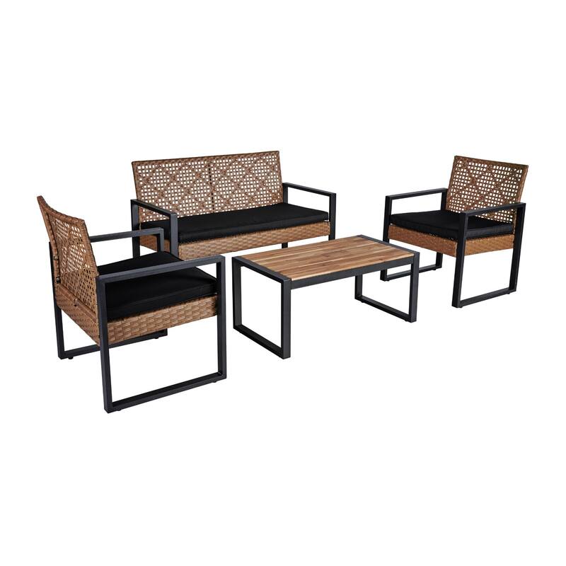 4-Piece Outdoor Patio Rattan Conversation Sofa Set with Acacia Wood Coffee Table and 2 Armchairs