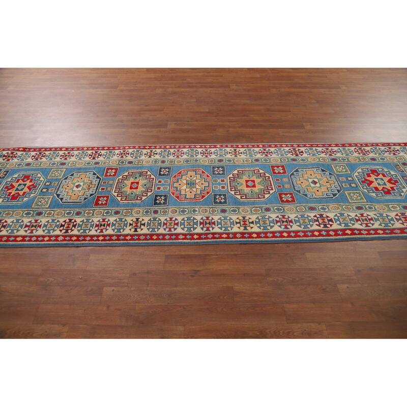 Blue Geometric Kazak Runner Rug Hand-Knotted Oriental Wool Carpet - 2'8" x 9'6"
