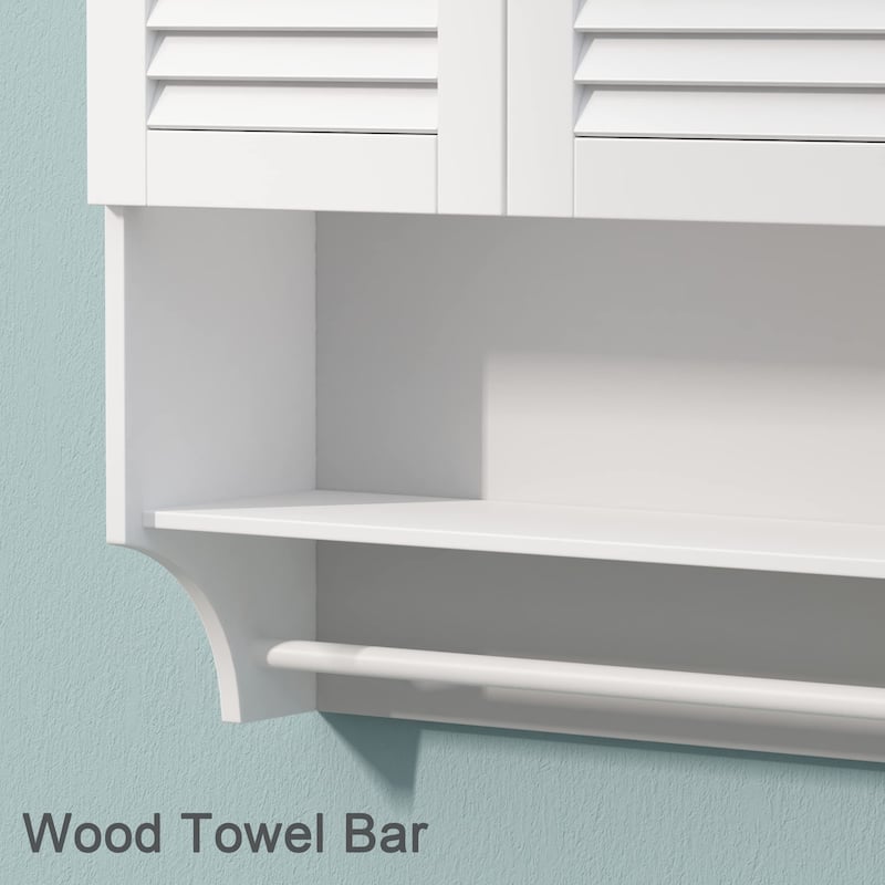 Wall-Mounted Bathroom Cabinet with Louvered Doors, Open Shelf, Adjustable Shelves & Towel Bar,White