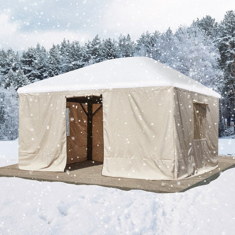 Winter Gazebo Cover with Sidewalls, Waterproof Outdoor Enclosure for Hardtop Gazebos, Beige - Beige - 12'x14'