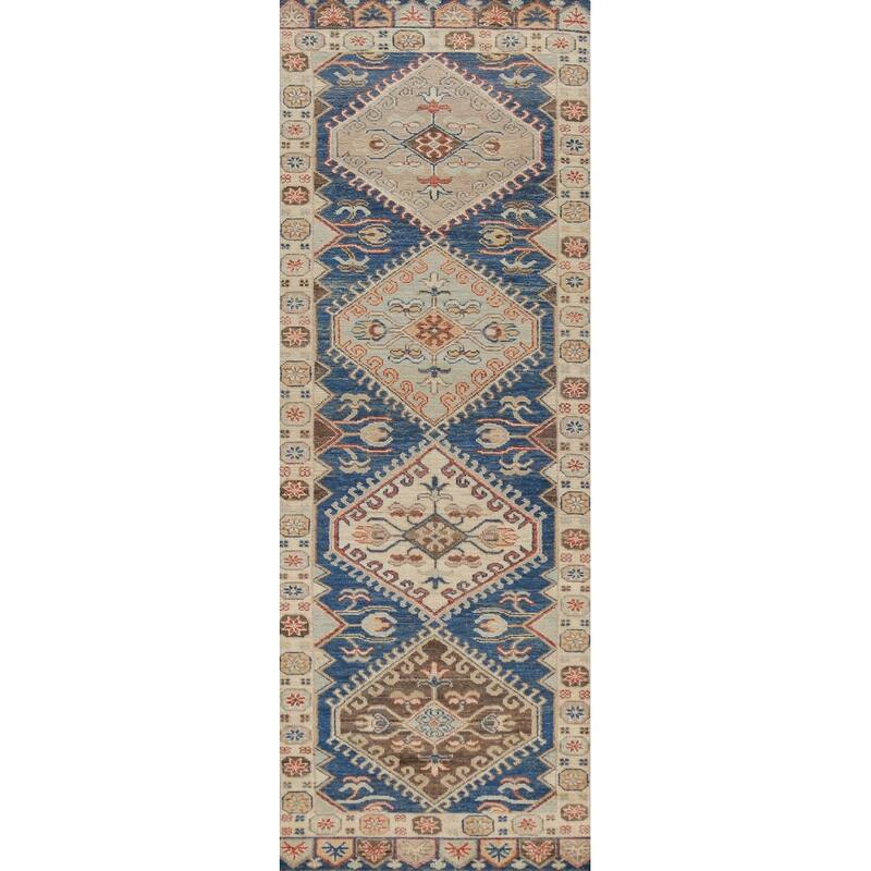 Hand Knotted Oriental 100% Wool Carpet Transitional Geometric Navy Blue & Blues Oushak Runner Rug - 9' 11'' X 2' 7''
