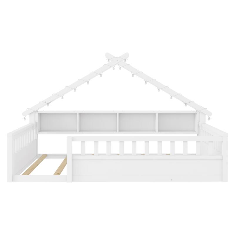 Twin/Full Floor Bed with Storage Bookshelves & Roof Shape for Kids