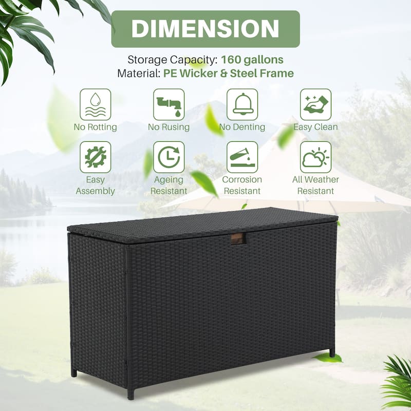 160 Gallon Outdoor Wicker Storage Box Resin Black Rattan Deck Bin for Patio Gardening Tools - 51.2*20*29Inch