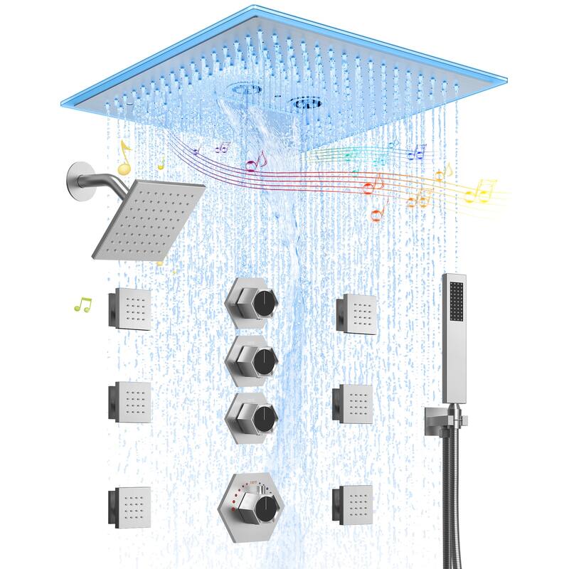 Shower Faucet System 16" Ceiling Mount Shower Head 3 Spray Modes Body Jets Handheld Spray with Slide Bar LED Music