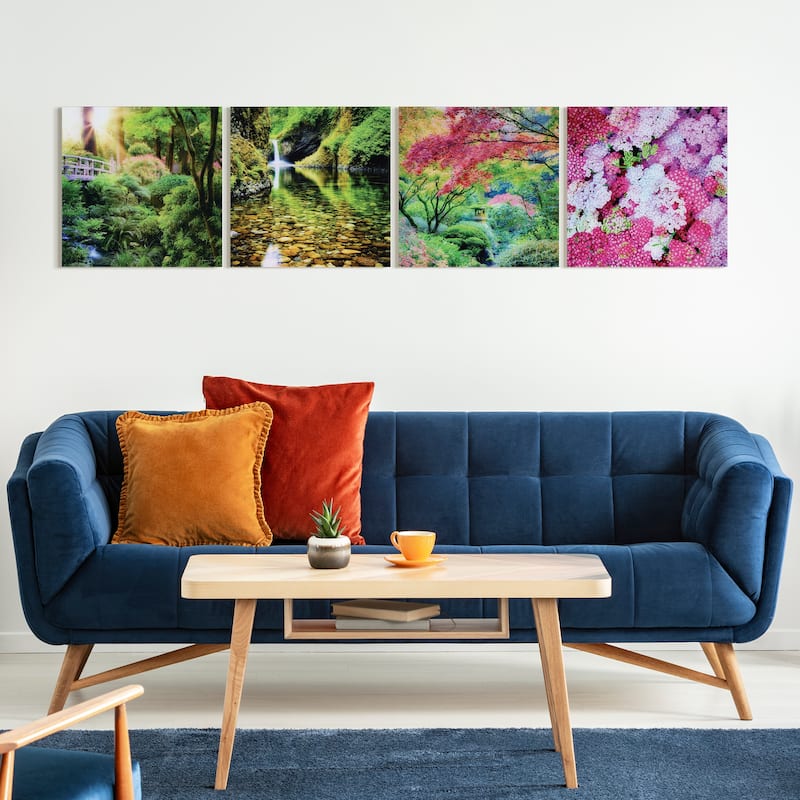 "Maples, Waterfalls & Yarrows" Frameless Free Floating Reverse Printed Tempered Glass Nature Scapes Wall Art