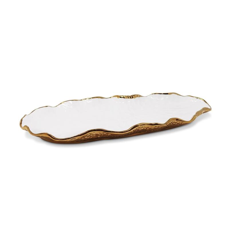 New Bone China Oval Tray with Gold Scalloped Edge - white