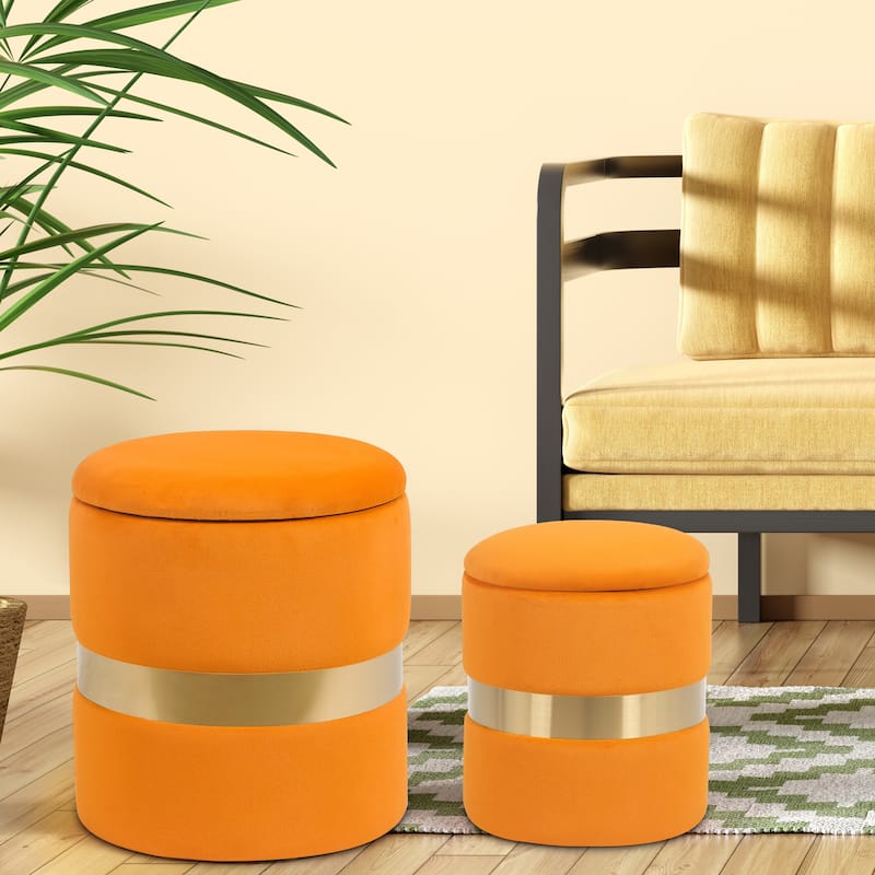 Adeco Set of 2 Velvet Storage Ottoman Round Foot Stool Metal Band