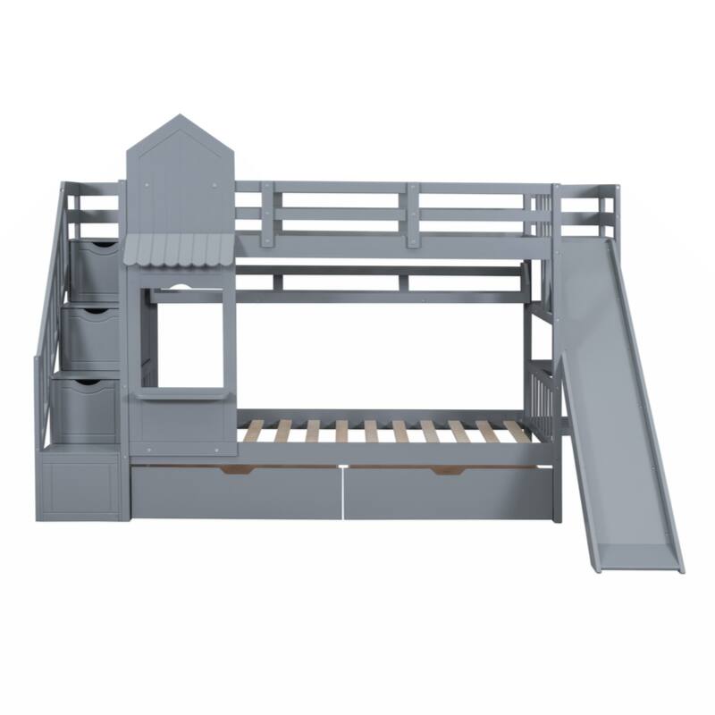 Twin-Over-Twin Castle Style Bunk Bed with 2 Drawers 3 Shelves and Slide