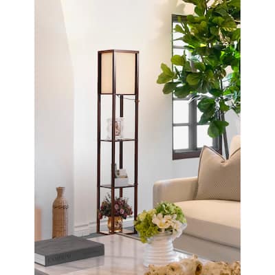 Brightech Maxwell 63 in. Havana Brown Traditional LED Super Bright 3-Shelf Floor Lamp with White Fabric Square Shade