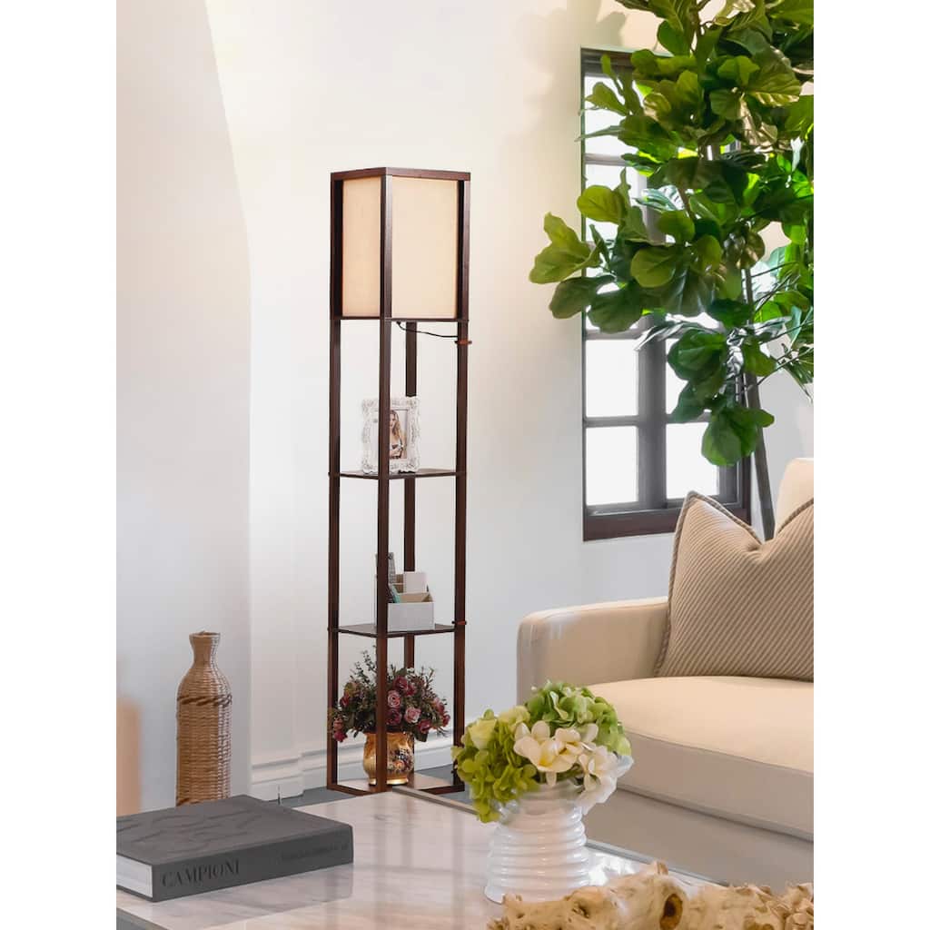 Brightech Maxwell 63 in. Havana Brown Traditional LED Super Bright 3-Shelf Floor Lamp with White Fabric Square Shade