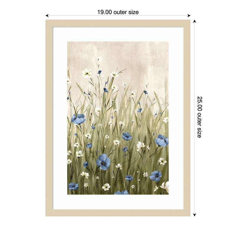 Blue Blossoms in Gentle Meadow by Alex Black Wood Framed Wall Art Print - Brown - 19 x 25 in