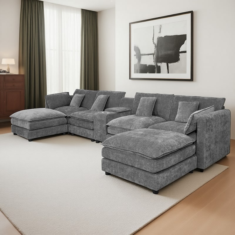 GDFStudio - Rei American Design 144" U-Shaped Comfy Fluffy Chenille Modular Sofa with Movable Ottoman & Storage