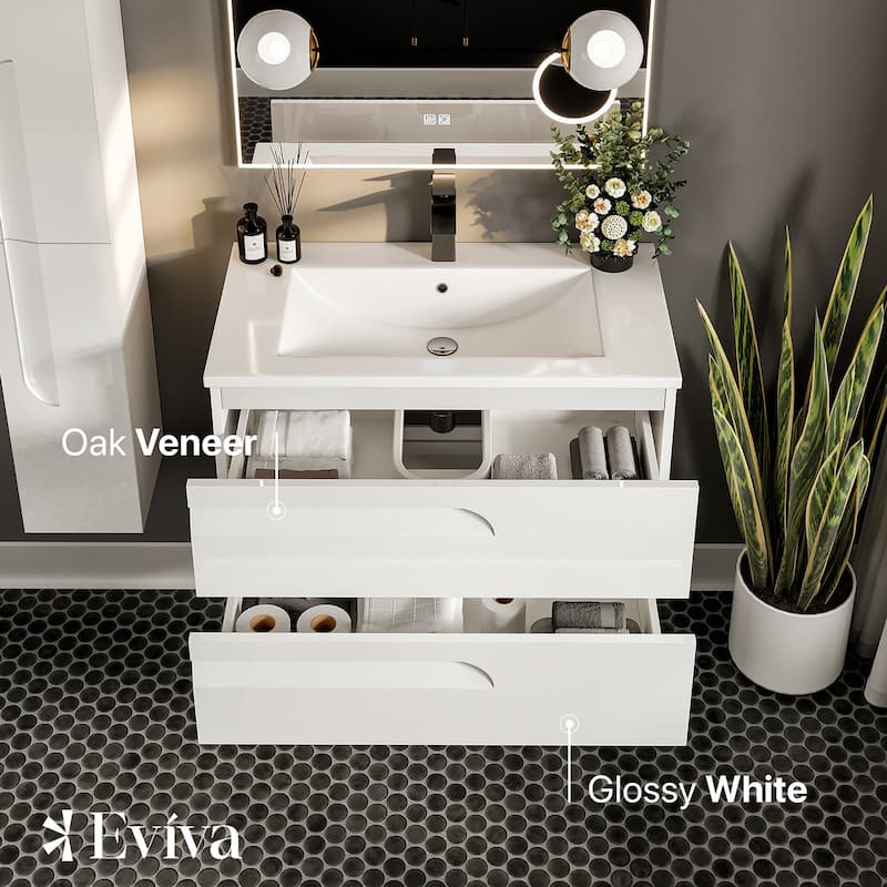 Eviva Joyous 39"W WH SS Wall Mount Bath Vanity with Porcelain Top