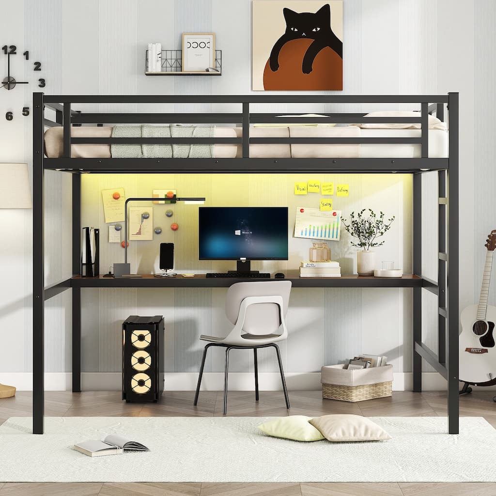 Metal Full Size LED Gaming Loft Bed with Charging Station and Wooden Desk