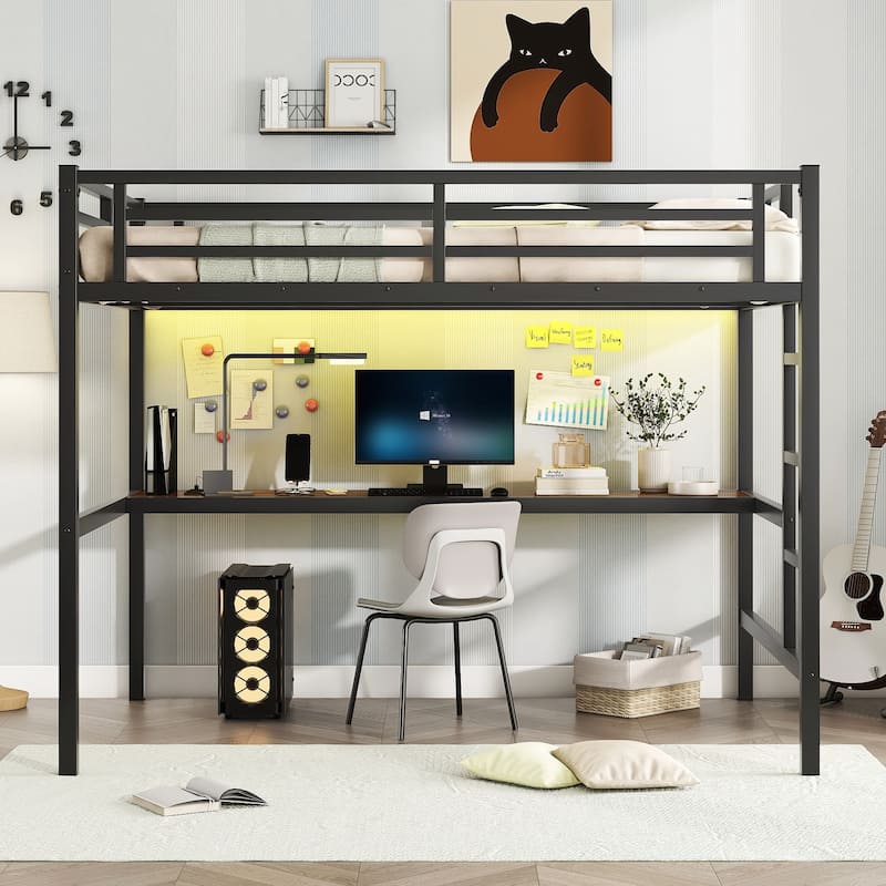 Metal Full Size Loft Bed with Wood Desk, USB, Power Outlet and LED Lighted, High Loft Bed with Ladder and Safety Guardrails