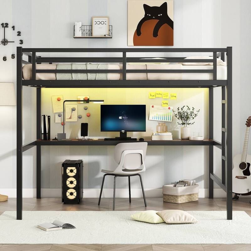 Metal High Loftbed with Power Outlet, LED Lights and Built In Desk - Black - Full