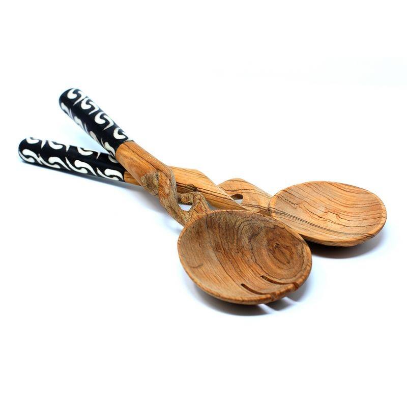 Handmade Olive Wood Serving Utensils with Natural Batik Bone Handles (Kenya)