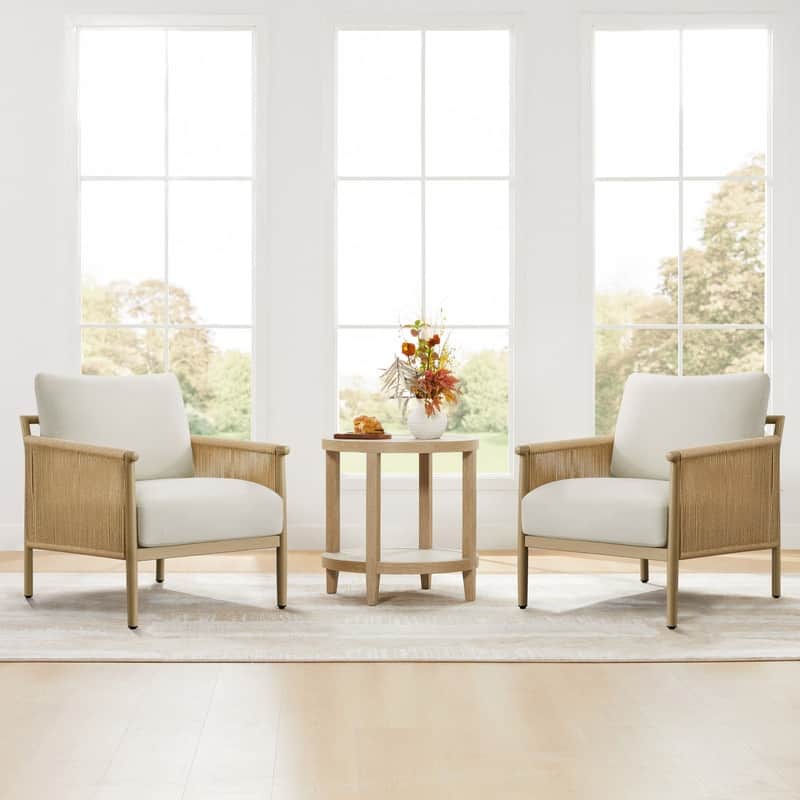 Spruce & Spring Braid Boho Accent Chair with Woven Paper Rope Armrest & Wood-Look Metal Frame - Set of 2 - Linen