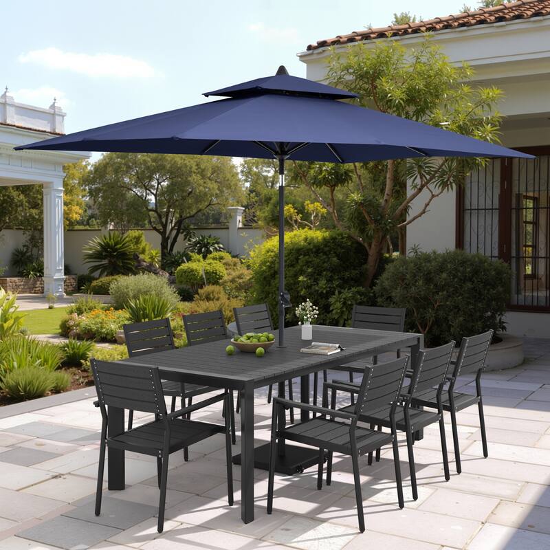 9/11-Piece Patio Dining Set Aluminum Dining Table and Chairs w/10 ft Market Umbrella and Base with Wheels
