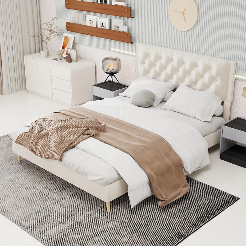 Beige Queen Size Platform Bed Frame with Upholstered Headboard