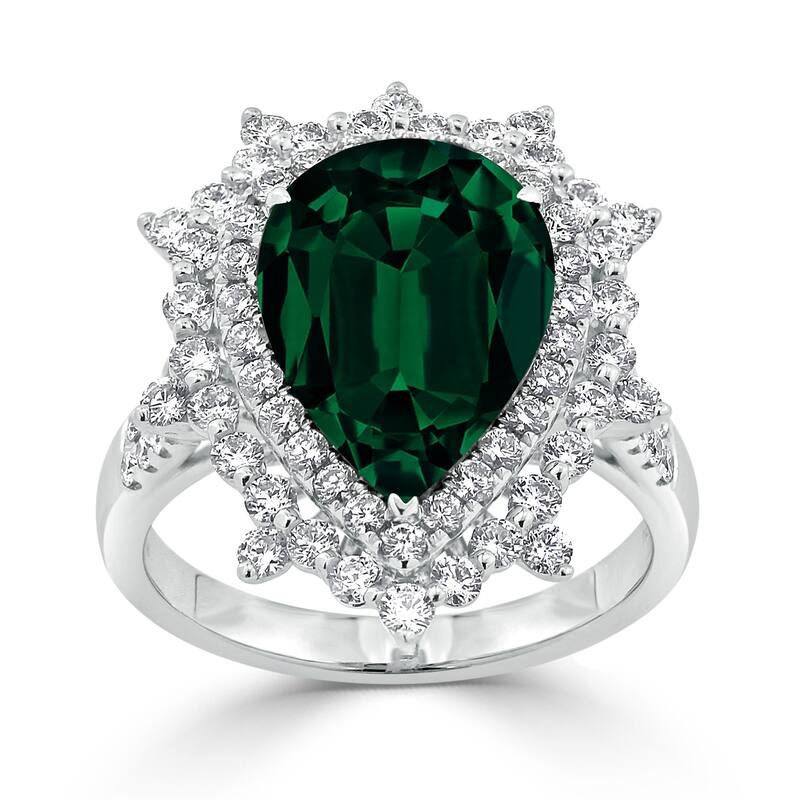 Auriya 4 1/5ct Pear-cut Green Emerald and Halo Diamond Ring 1 1/4ctw 18K Gold