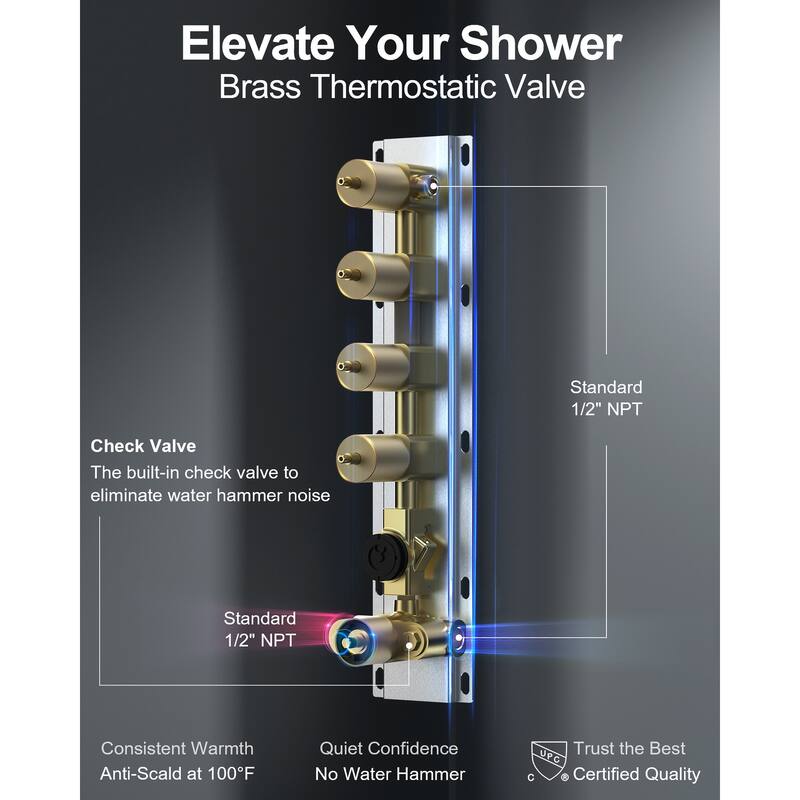 GRANDJOY Luxury LED 16" Ceiling Mount Shower Head Temperature Display Shower System with 6 Body Jets