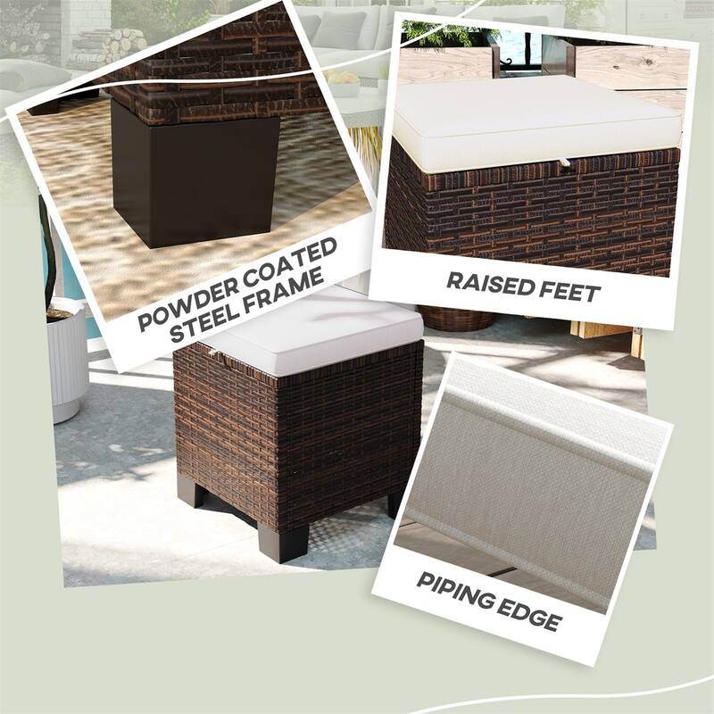 Set of 2 Outdoor Ottomans Wicker with Cushions Steel Frame for Patio Balcony Yard - 15.7" W x 15.7" D x 18.1" H