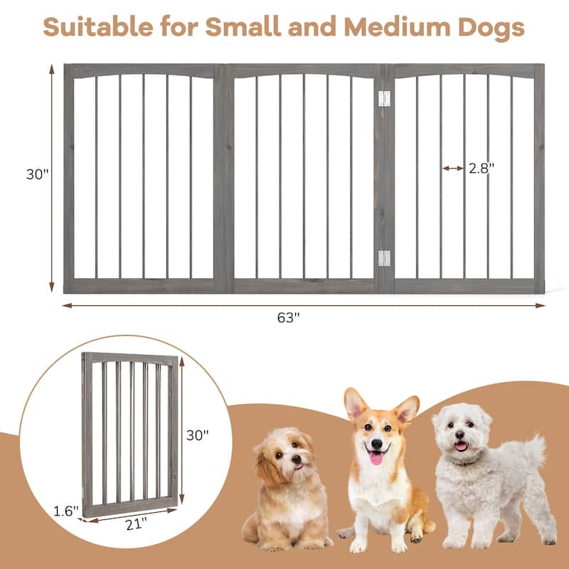 30" Expandable Dog Gate 3-Panel Foldable Wooden Pet Barrier for Doorways Bedrooms and Kitchens - 63" x 30"