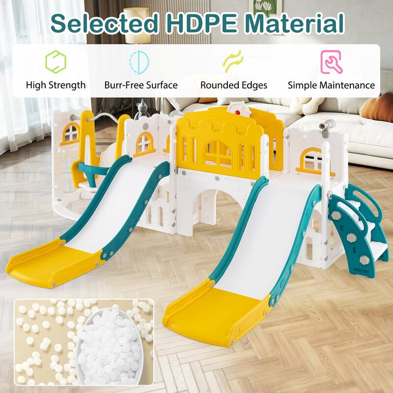 10 in 1 Toddler Slide and Swing Set with Double Slides Climber Basketball Hoop and Tunnel Indoor Outdoor Playset for Kids