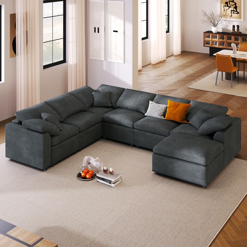 7-Seater Modular Chenille Sectional Sofa with Movable Ottoman by Harper&Bright Designs