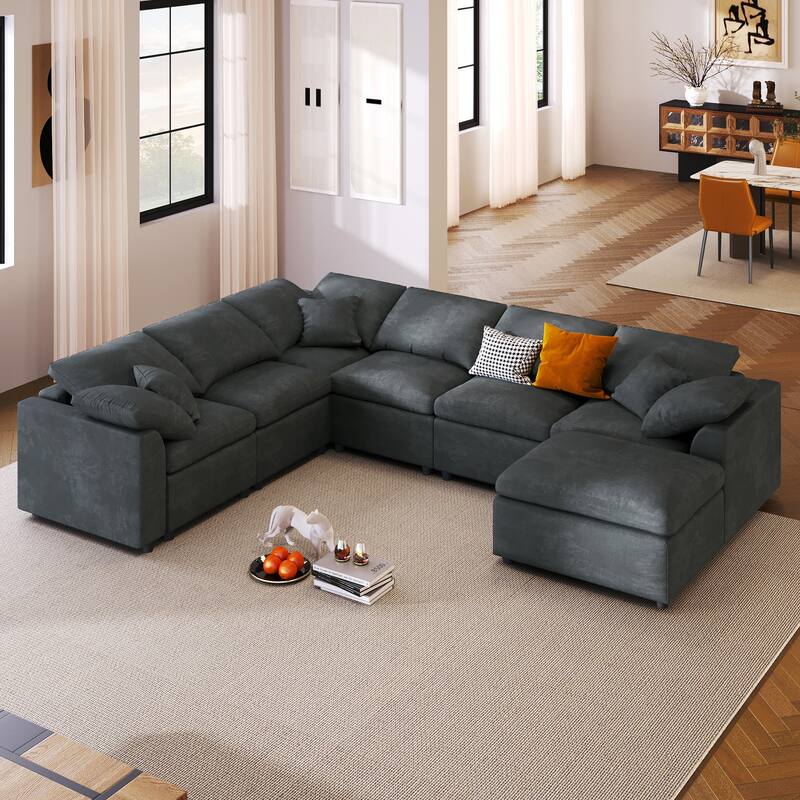 7-Seater Modular Sectional Sofa with Movable Ottoman, Extra Large L-Shaped Chenille Fabric Sofa for Spacious Living Room - Grey