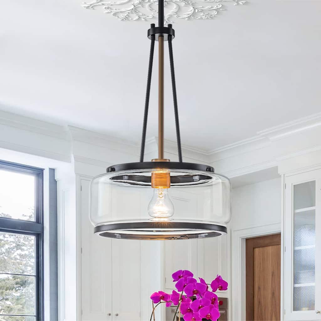 1-Light Matte Black Lantern Drum Glass Pendant Light