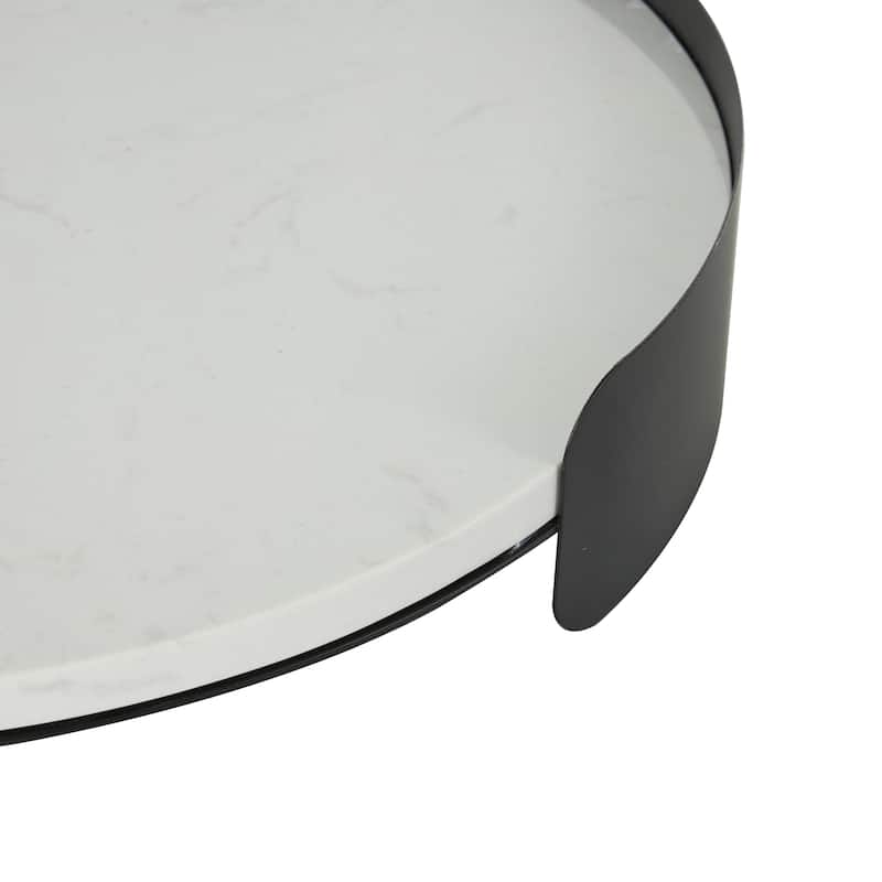 Marble Round Tray with Black Metal Frame - White - Roche River Decor
