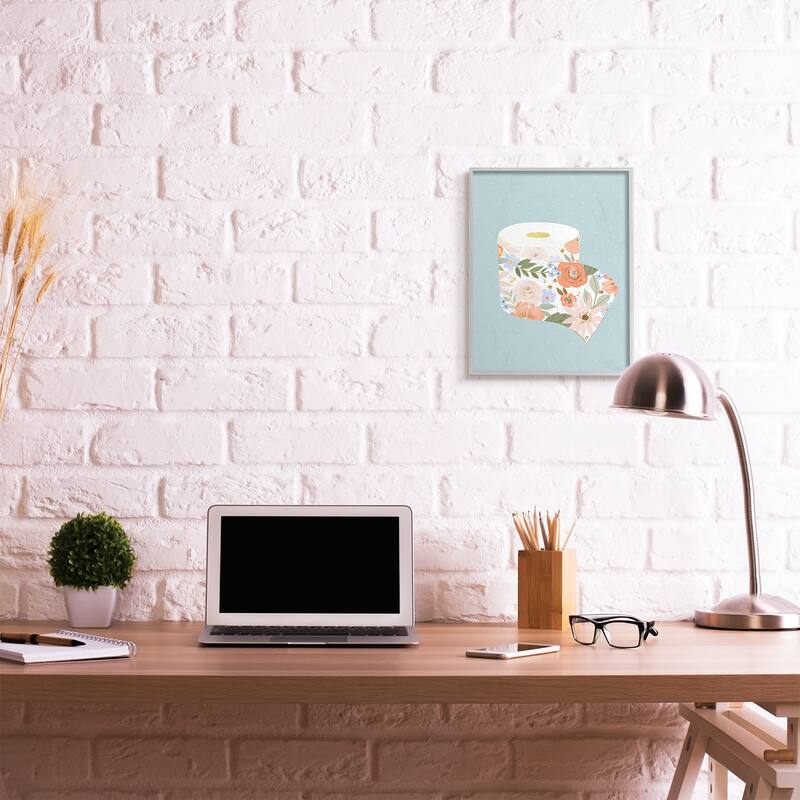 Stupell Spring Floral Print Toilet Paper over Blue Framed Giclee Texturized Art by Loni Harris