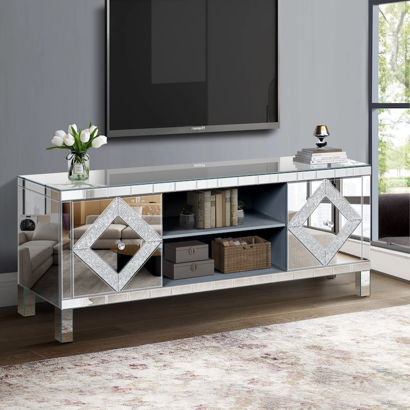 59" Mirrored TV Console, Silver Entertainment Stand with Diamond-Inlay Doors, Glass Finish, Open Shelves & Cabinets