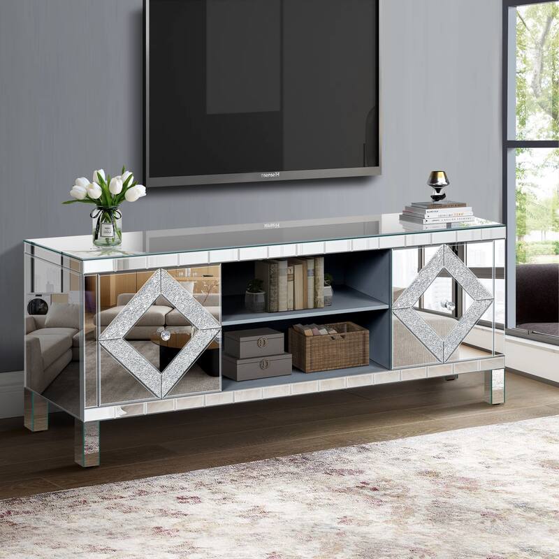 Roomfitters 59" Mirrored TV Stand for TVs up to 65", Silver Media Console with Diamond Sparkle Doors & Open Storage