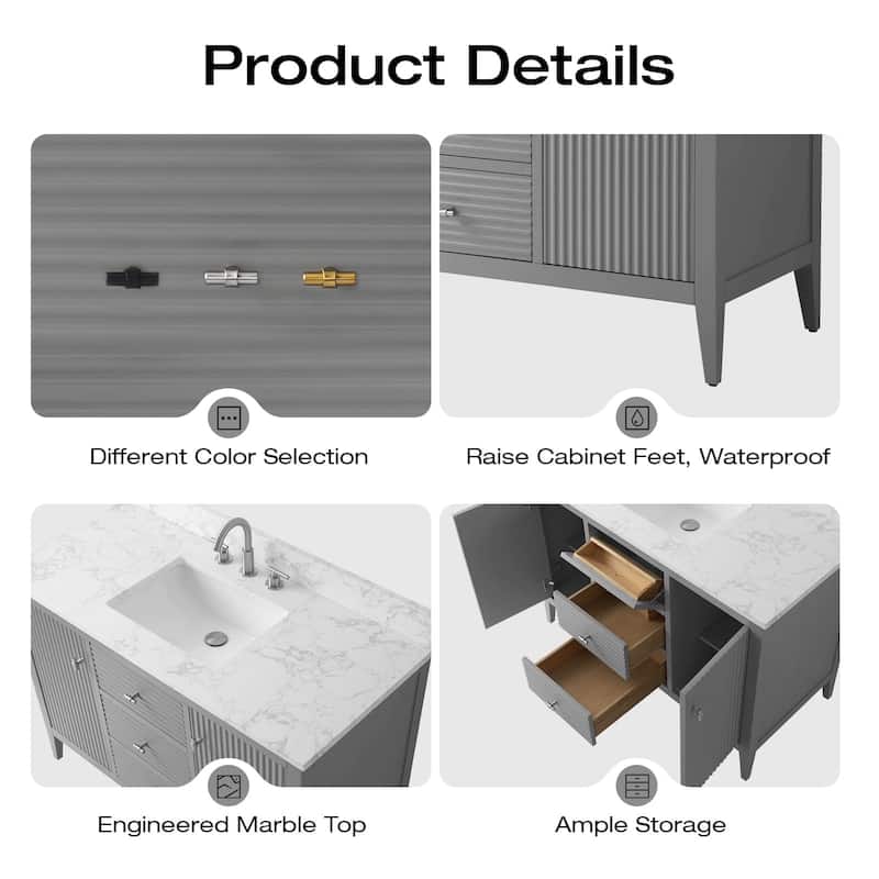 Vanity Art 48" Single Sink Bathroom Vanity Cabinet with Engineered Marble Countertop