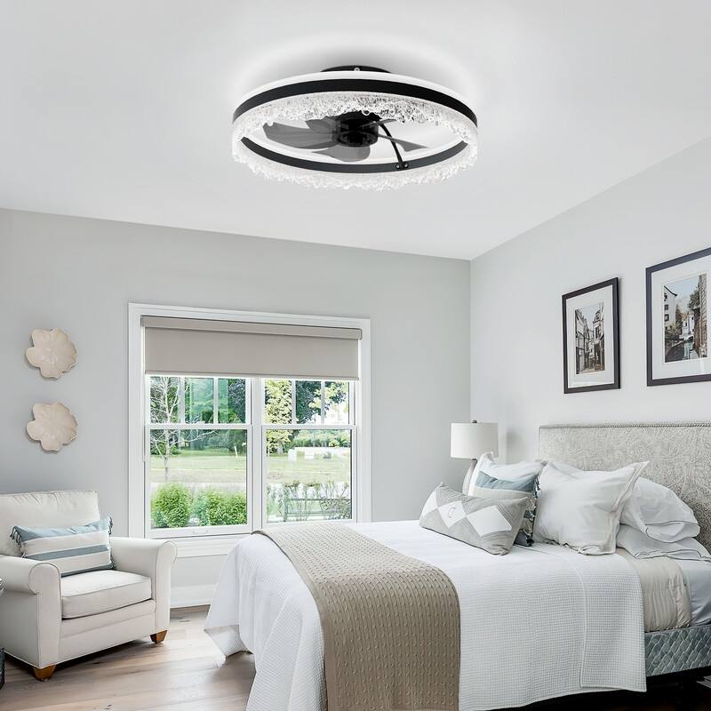 Smart Silent LED Ceiling Fan with Light Crystal Flush Mount, Hidden Blades