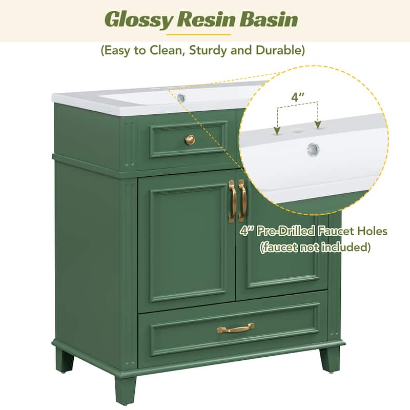 Bathroom Vanity with Resin Sink, Freestanding Cabinet with Soft Closing Doors, Bathroom Storage Cabinet with Bottom Drawer
