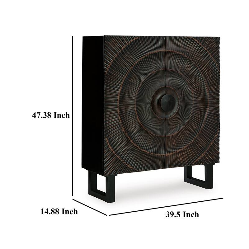 Ayma Buffet Console with 2 Doors, Carved Sunburst, Black Wood 40 Inch