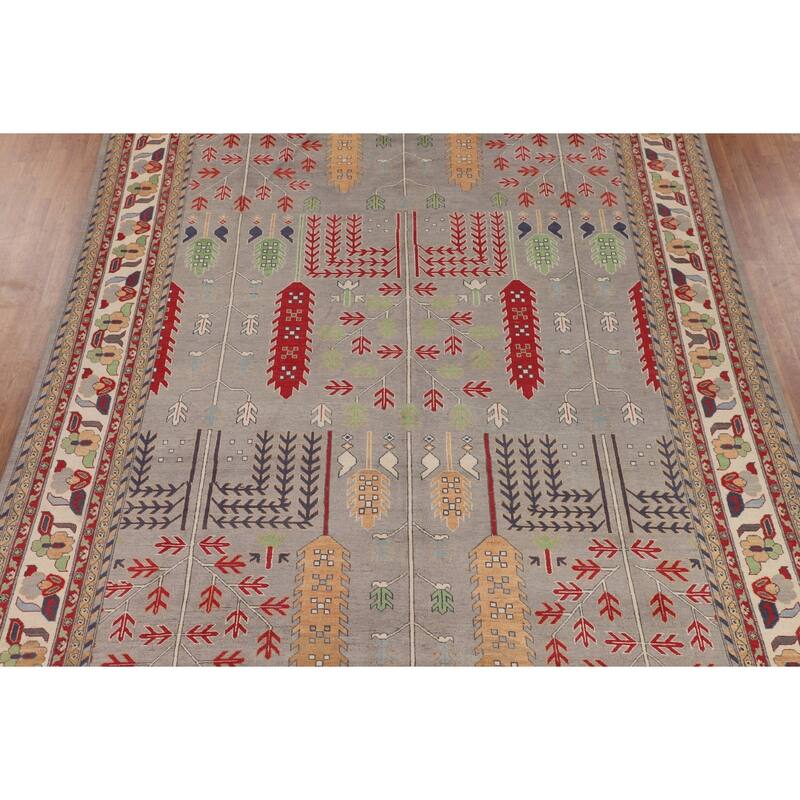 Grey Traditional Kazak Rug Hand-Knotted Wool Carpet - 9'7" x 13'2"