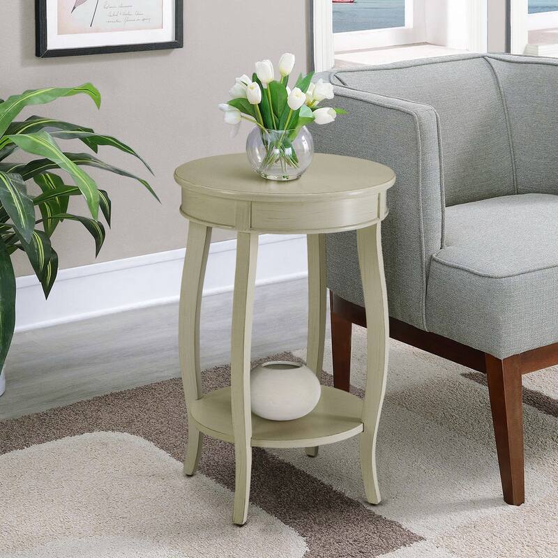 Round Side Table with Bottom Shelf - Antique White