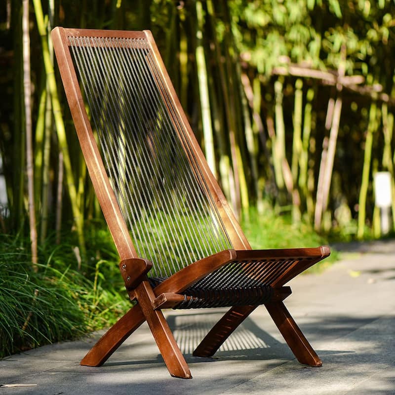 Folding Roping Solid Wood Outdoor Chair, Modern Low Profile Lounge Chair for Patio, Backyard, Deck, Porch, Poolside Garden, Lawn