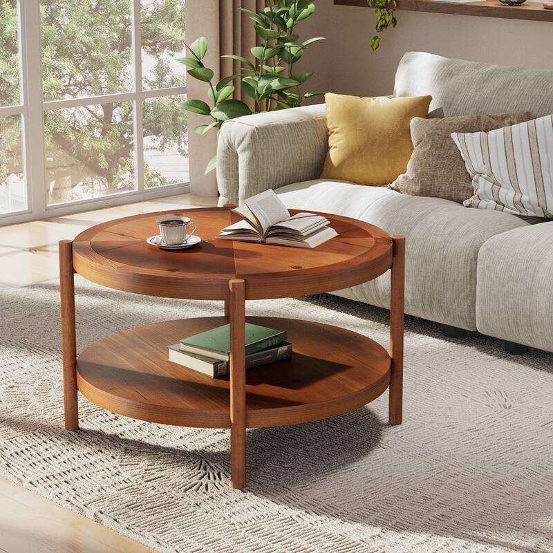 32" Double-Layer Solid Wood Round Coffee Table