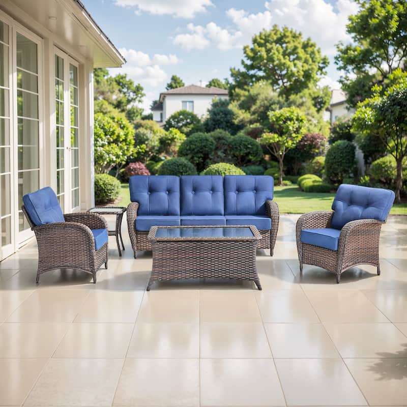 TWrap 5-Piece Patio Brown Wicker Sofa Conversation Set with 5-Inch Thick Cushions - Brown/Navy Blue - 5-Piece