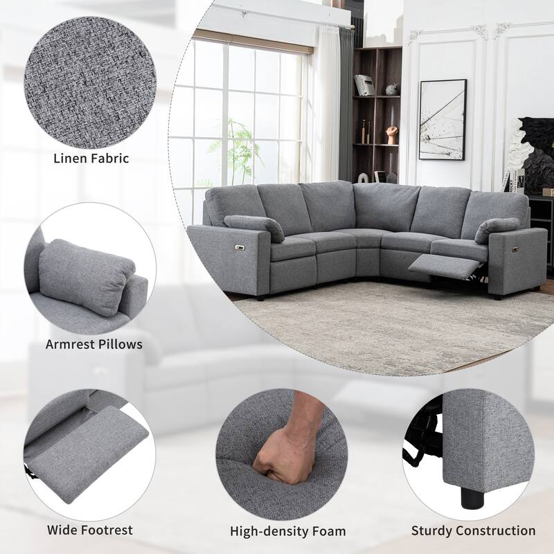 88.9" Linen Power Recliner Sectional Sofa with Storage Drawers